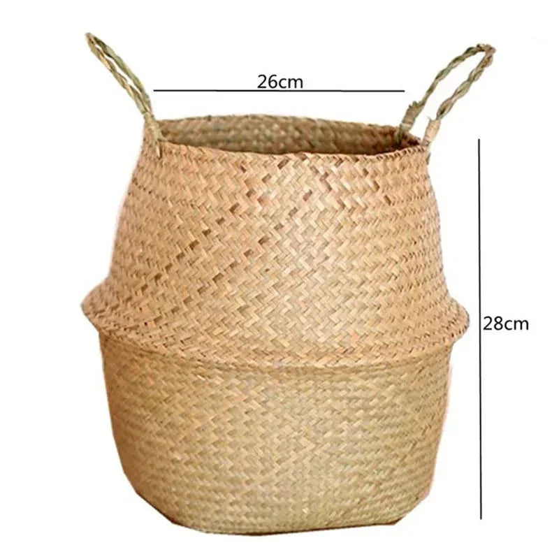 Natural woven seagrass basket with handles, 26cm wide, 28cm tall, decorative planter basket