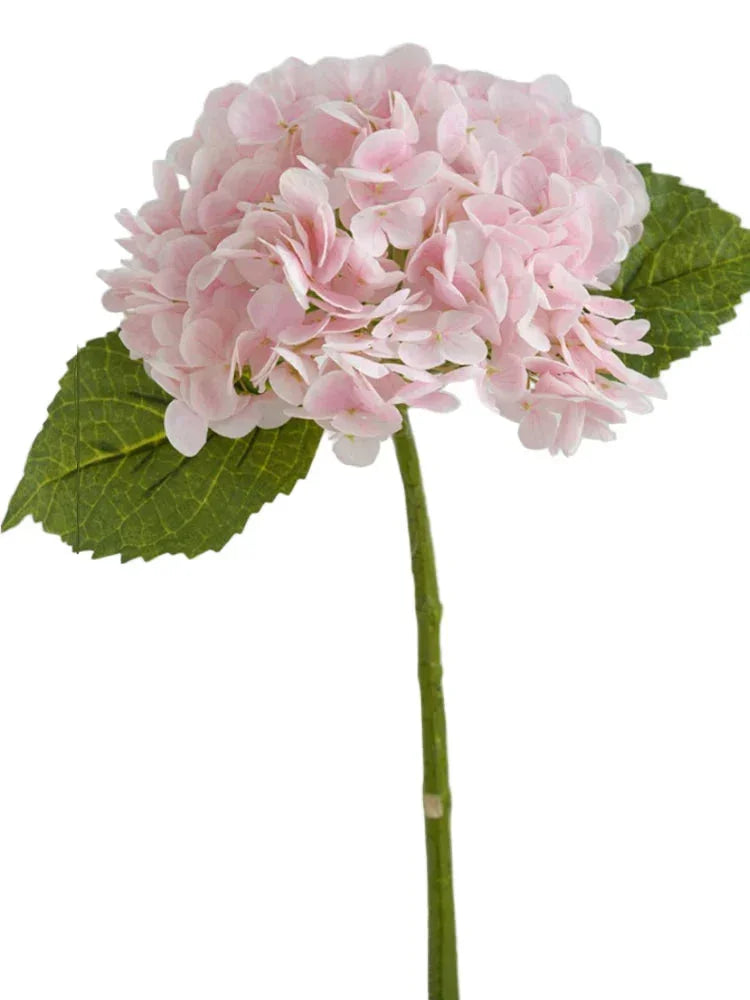 Artificial pink hydrangea flower stem with green leaves, realistic faux plant decor