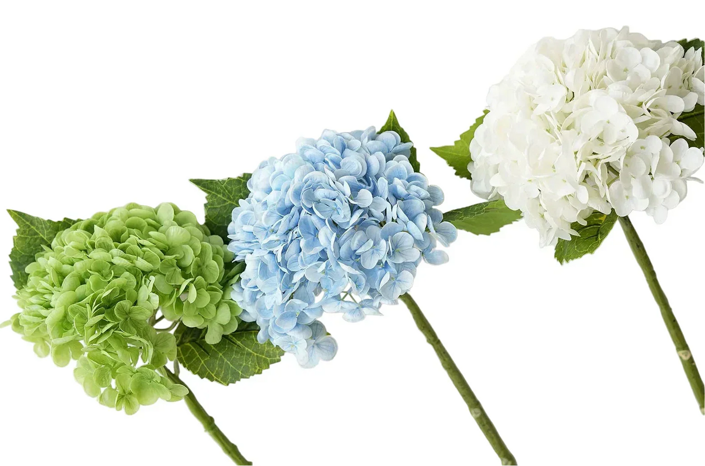 Artificial hydrangea stems in green, blue, and white with green leaves on white background