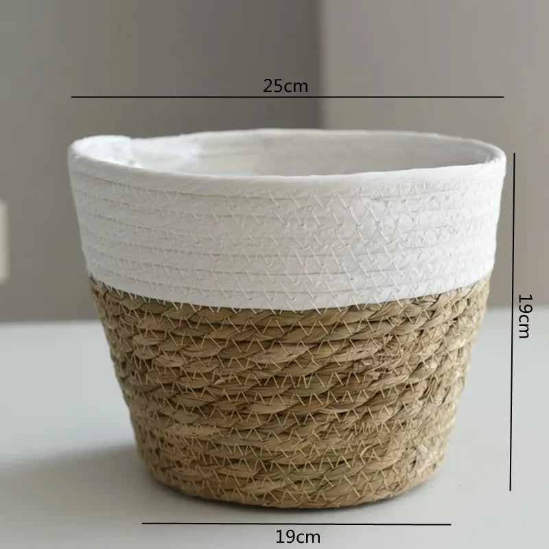 Two-tone woven plant basket with white upper half, natural bottom, and visible size dimensions